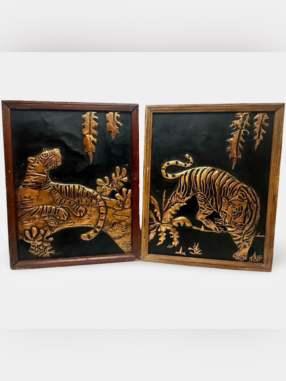 Vintage Mid-Century Embossed Copper Tiger Designs Framed Wall Art  - Set of 2